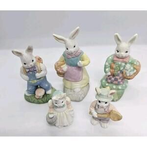 Easter Bunny Rabbit Figurines Set of 5 Ceramic Spring Pastel Decor